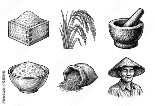 Vintage woodcut style collection of rice cultivation elements featuring a farmer, stalks, mortar, and grains in sacks and bowls.