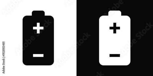 Solid battery silhouette icon featuring plus and minus polarity symbols. Bold black and white graphic representing electrical energy, portable power, and battery status for digital apps.