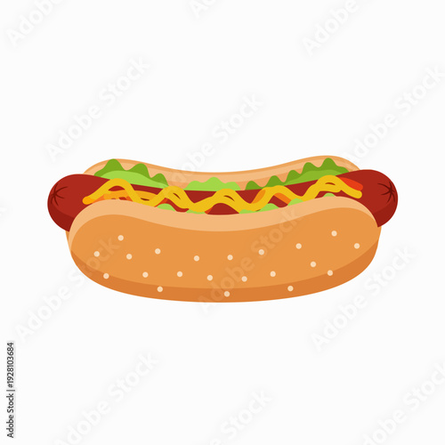 Delicious cartoon hot dog with mustard ketchup and relish on a bun isolated on white for menu illustration and design projects