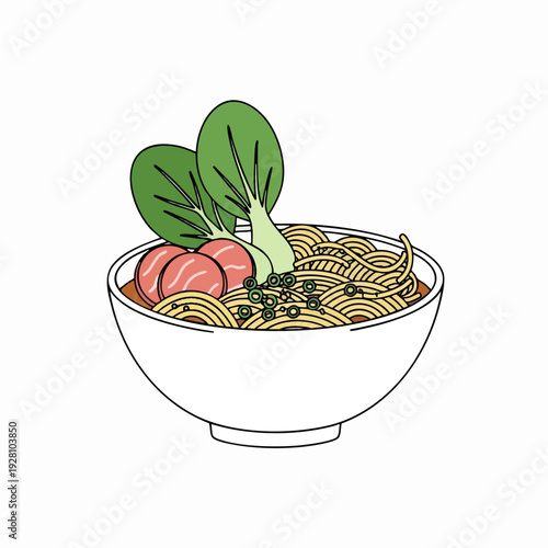 Delicious ramen bowl illustration with noodles bok choy and sliced meat in a white bowl vibrant colors and clean design for food illustrations