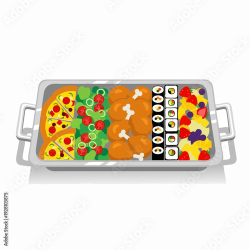 Delicious platter featuring pizza slices fresh salad crispy chicken drumsticks sushi rolls and colorful fruit salad presented as buffet spread