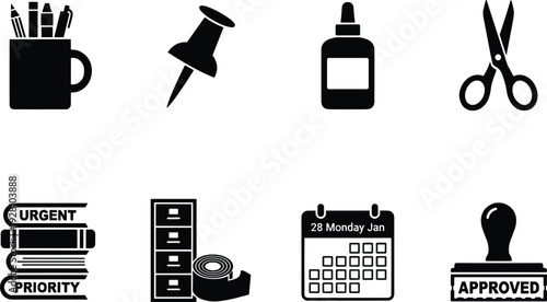 Office stationery and business icons set with scissors glue calendar stamp files urgent priority symbols