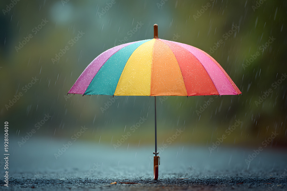 Fototapeta premium Colorful umbrella standing in rain.