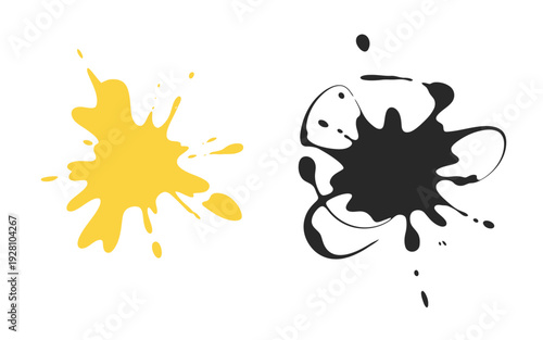 Abstract ink splatters yellow and black a white background paint splash