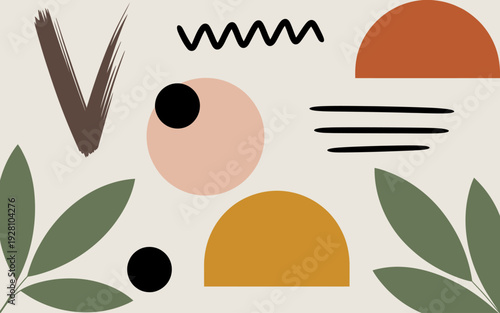 Abstract Mid Century Modern Geometric Shapes And Botanical In Earth Tones midcentury