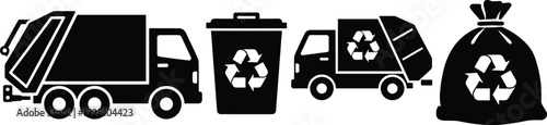 Recycling and waste management icons with garbage truck bin bag environmental sustainability concept vector illustration