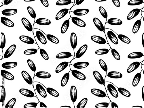 Black and white repeating pattern of stylized oval leaves thin branches