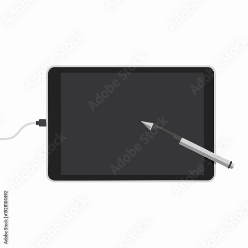 Digital drawing tablet with stylus pen on white background for graphic design and digital art creation; modern minimalist style