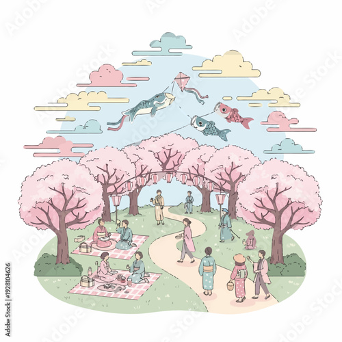 A beautiful illustration of people enjoying a spring festival under cherry blossom trees with carp streamers flying in a Japanese park.
