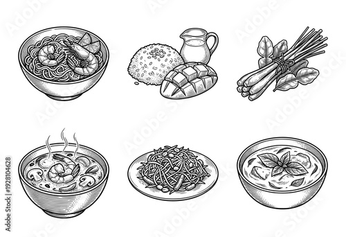 Vintage style line art collection of traditional Thai cuisine featuring pad thai, tom yum soup, mango sticky rice, and green curry