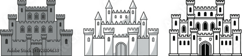 Medieval castle architecture icons set with fortress palace and fantasy kingdom buildings illustration