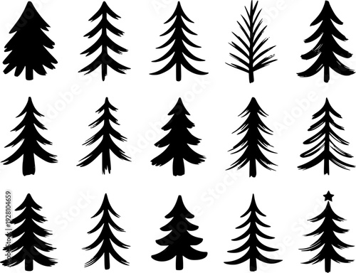 Collection of Black Hand Drawn Pine Trees White Background Isolated christmas winter