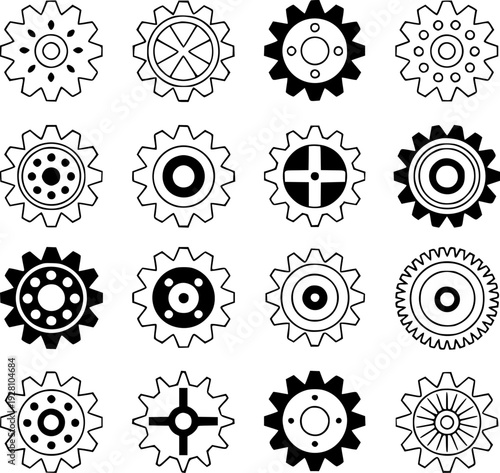 Collection of Black and White Gear with Transparent Background wheel mechanical