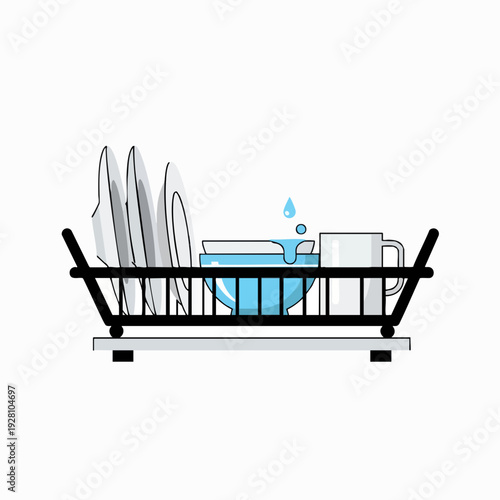 Dish rack illustration with plates bowl mug and water drops in minimalist flat design style for kitchen and household needs