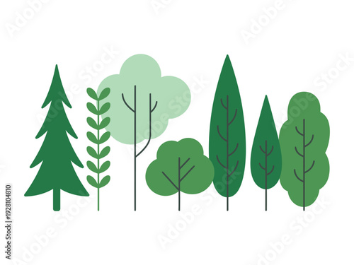 Collection of stylized green trees and plants in a flat white background nature forest