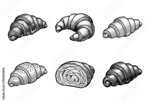 Set of hand drawn croissant illustrations in vintage engraving style featuring various angles and a cross section view of the flaky pastry layers.