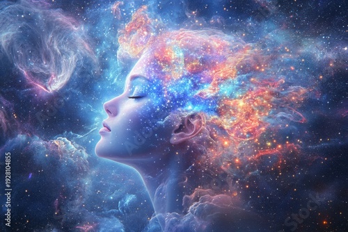 A woman with her eyes closed, and the sky behind is filled with stars. The head of an adult female has cosmic energy flowing from it, creating visual effects that blend into each other