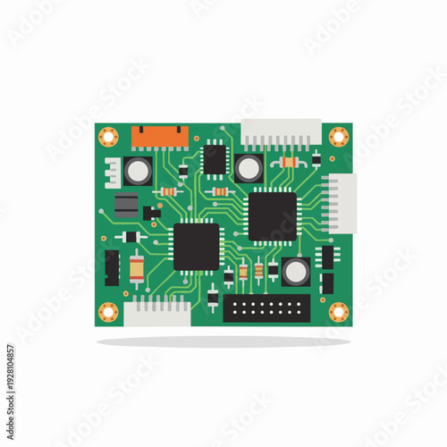 Flat vector illustration of a green circuit board with integrated chips resistors capacitors and electronic components for product design