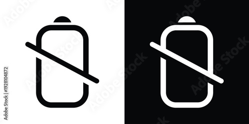 Minimalist line icon of a battery with a strike-through line. Clean vector illustration representing disconnected power source, no signal, or inactive battery for user interfaces.