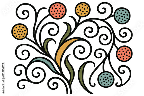 Intricate floral and swirl design featuring colorful patterned orbs on a light background