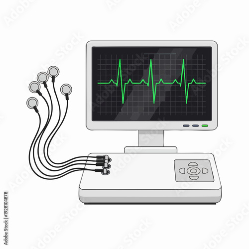 ECG machine illustration displaying heartbeat trace on screen; medical equipment with sensor pads for patient diagnostics vector