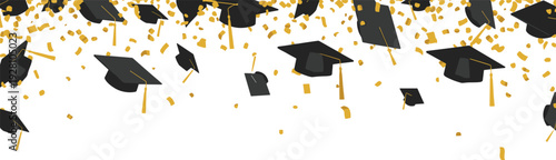 Graduation caps and golden confetti falling for academic celebration ceremony and student achievement event