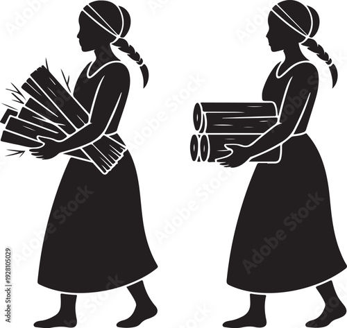 Women Carrying Firewood Silhouette Vector,Rural Village Women with Wood Bundle Illustration