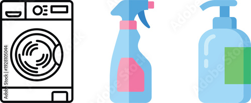 Laundry washing machine with cleaning spray and liquid soap dispenser flat household hygiene icons