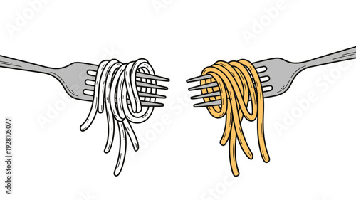 Forks holding spaghetti pasta with plain noodles and with yellow noodles food
