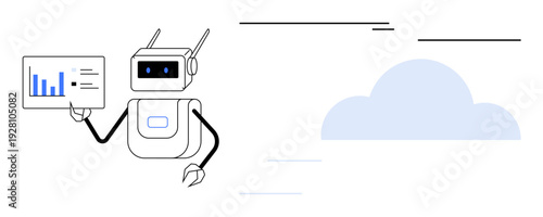 Robot holding a data screen featuring blue graphs, with a cloud beside it. Ideal for technology, AI, cloud computing, data analysis, automation, innovation, futuristic themes simple flat metaphor