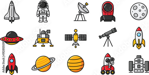 Space exploration icons set with rocket astronaut satellite telescope planets moon rover UFO vector illustration collection isolated