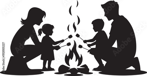 Family Camping Around Campfire Silhouette,Parents and Children Roasting Marshmallows Vector