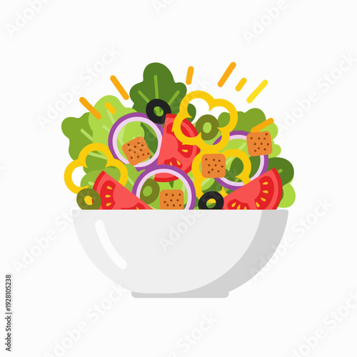Fresh salad bowl with lettuce tomatoes onions olives peppers and croutons - vibrant vector illustration for healthy eating and lifestyle concepts