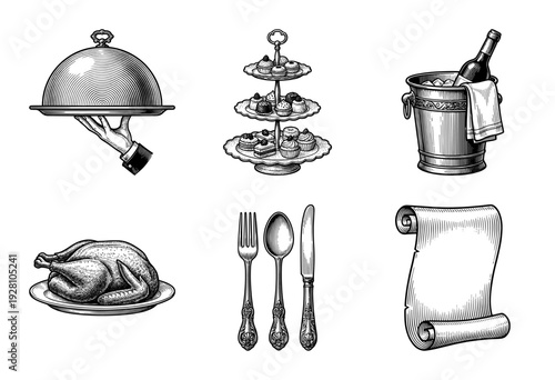 Vintage engraving style restaurant and dining collection featuring cloche, desserts, wine bucket, roasted chicken, cutlery, and scroll