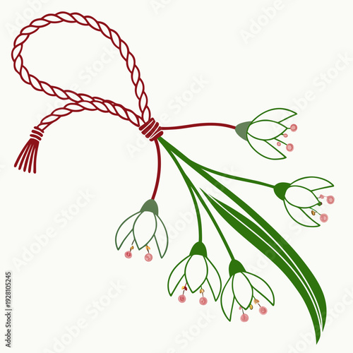 Spring holiday martisor charm with delicate white flowers and green leaves attached to red white braided cord