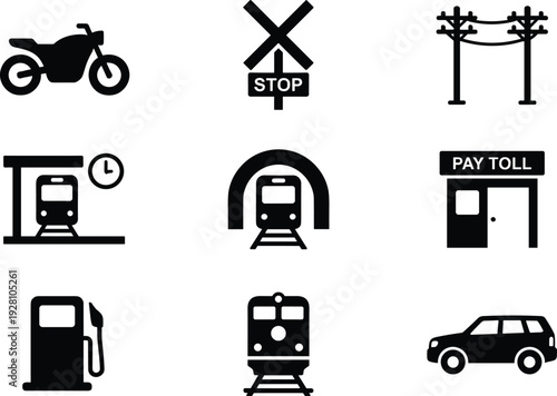 Transportation and road icons set with train car motorcycle toll gas station railway crossing vector illustration