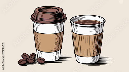 Hand drawn coffee cups with brown lids and sleeves next to coffee beans a beige background