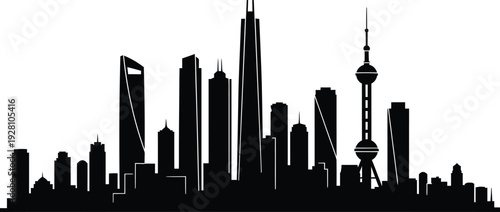 A distinct modern city skyline featuring a mix of skyscrapers and towers silhouette, a clean white background