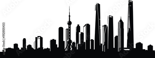 A distinct modern city skyline featuring a mix of skyscrapers and towers silhouette, a clean white background