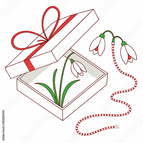 Gift box with martisor snowdrops and red white string traditional spring holiday welcome gift surprise