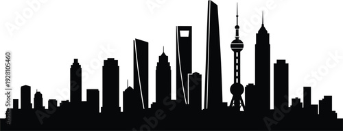 A distinct modern city skyline featuring a mix of skyscrapers and towers silhouette, a clean white background