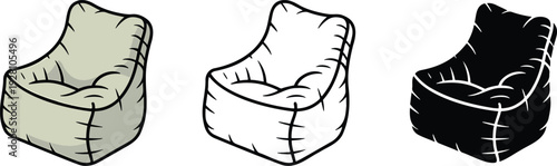 Bean bag chair silhouette & Outline and illustration set isolated on transparent background