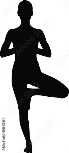 A human figure gracefully executing a recognizable yoga pose, such as Tree Pose, silhouette, a clean white background
