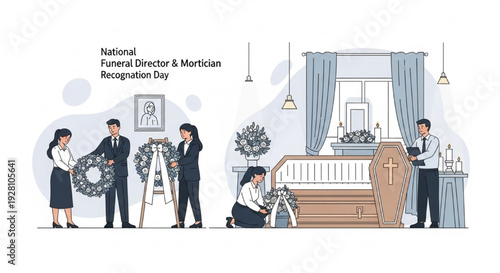 National Funeral Director and Mortician Recognition Day Vector Illustration with Funeral Service, Flowers, Candles, and Ceremonial Scene