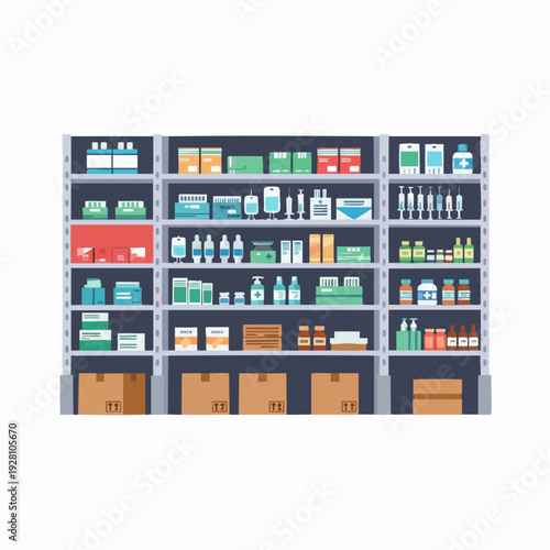 Full shelves of medicines and supplies in pharmacy storage room vector illustration in flat style; healthcare inventory management