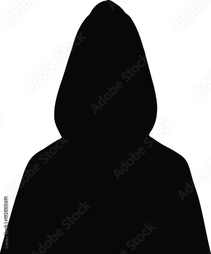 Black Hooded Figure Silhouette Isolated on White Background