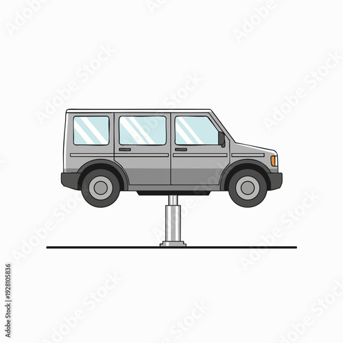 Grey SUV lifted on hydraulic lift in maintenance garage vector illustration; vehicle service and repair; automotive workshop and engineering; design element