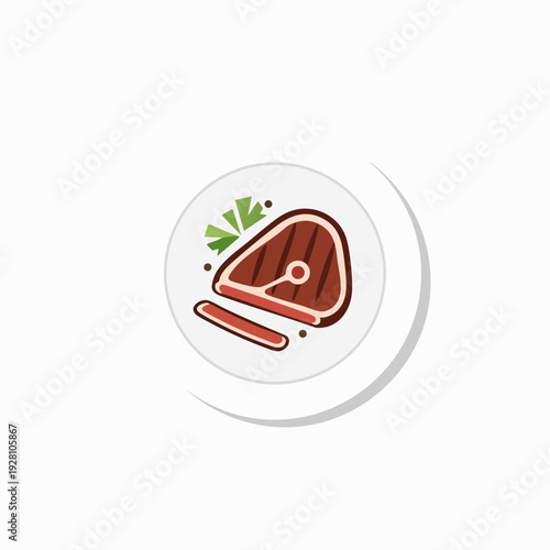 Grilled steak on a plate vector illustration simple design featuring a cartoon-style sirloin steak with herbs and a white plate for culinary projects