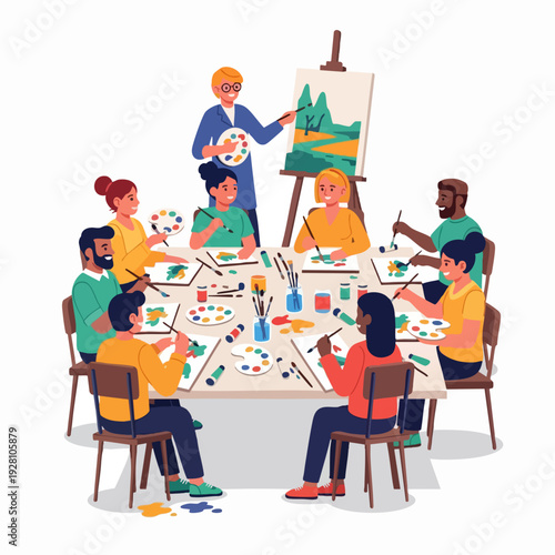 Group of art students painting with instructor in classroom setting vector illustration of creative workshop education and leisure activity