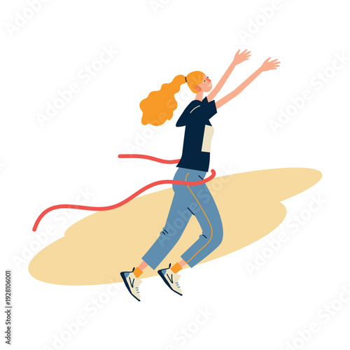 Flat vector illustration of a young woman crossing the finish line with a red ribbon. Concept of success, goal achievement, motivation and healthy lifestyle. Ideal for sports themes, marathon promotio